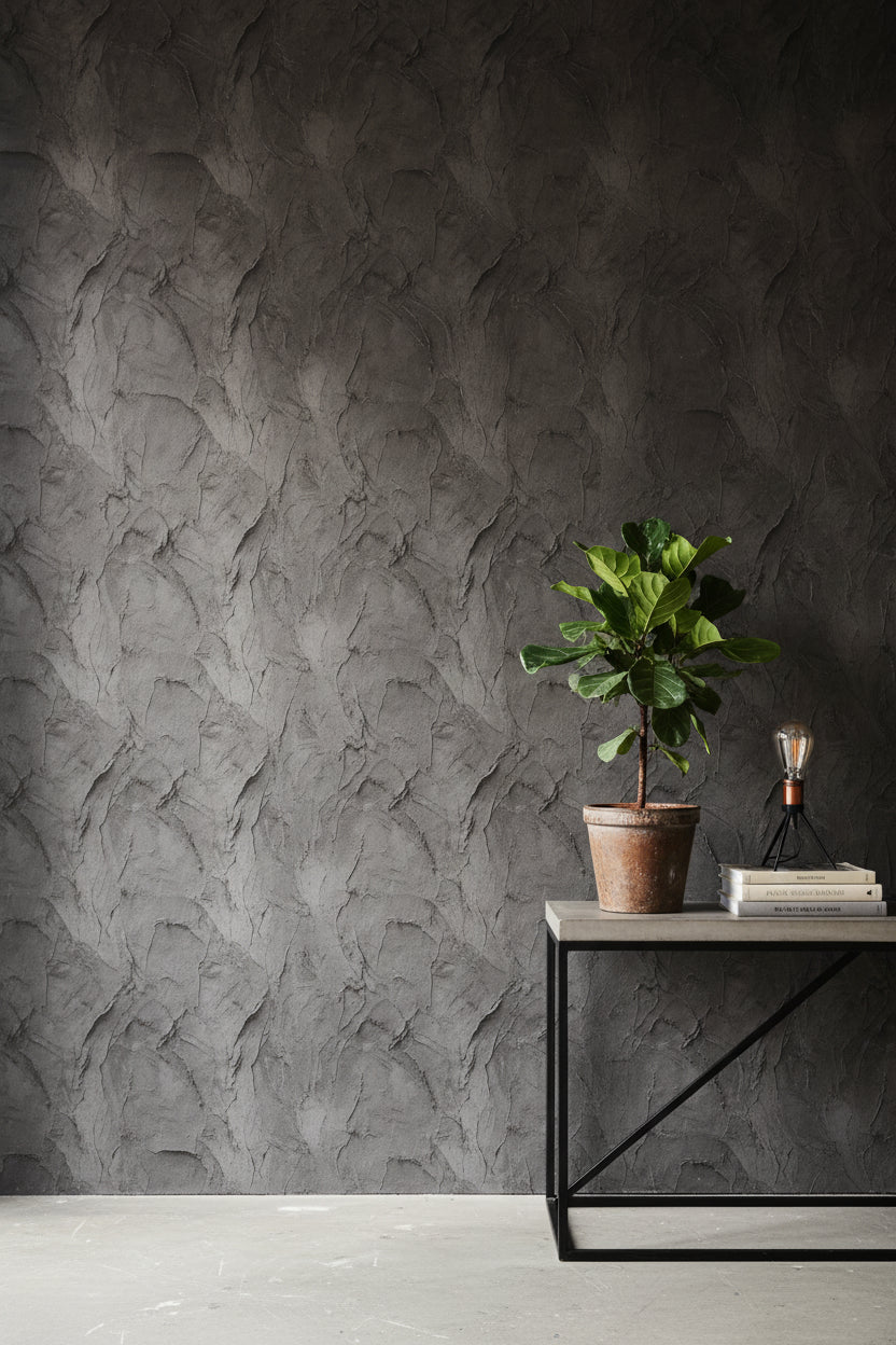 Koyu Gri Beton Desenli Duvar Kağıdı Modern Endüstriyel Salon