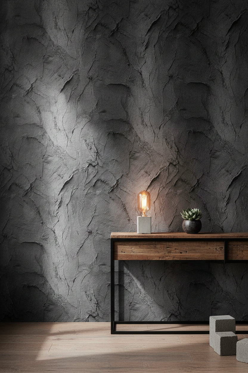 Koyu Gri Beton Desenli Duvar Kağıdı Modern Endüstriyel Salon