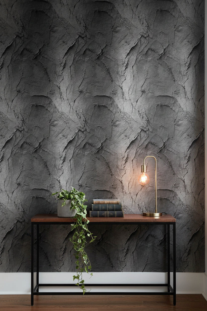 Koyu Gri Beton Desenli Duvar Kağıdı Modern Endüstriyel Salon