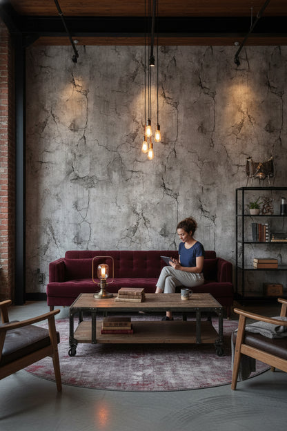 Çatlak Beton Desenli Duvar Kağıdı Gri Endüstriyel Salon