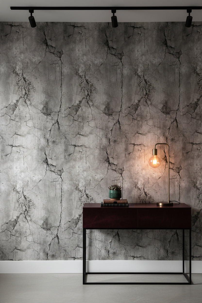 Çatlak Beton Desenli Duvar Kağıdı Gri Endüstriyel Salon