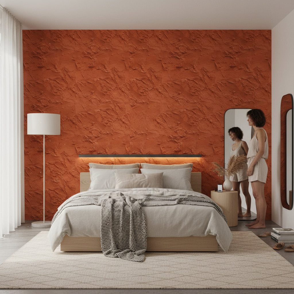 Terracotta Sıva Desenli Duvar Kağıdı Modern Salon Duvarı