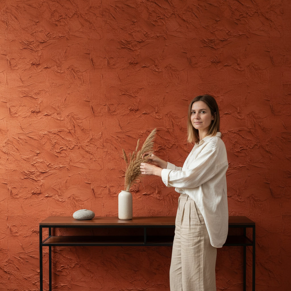 Terracotta Sıva Desenli Duvar Kağıdı Modern Salon Duvarı
