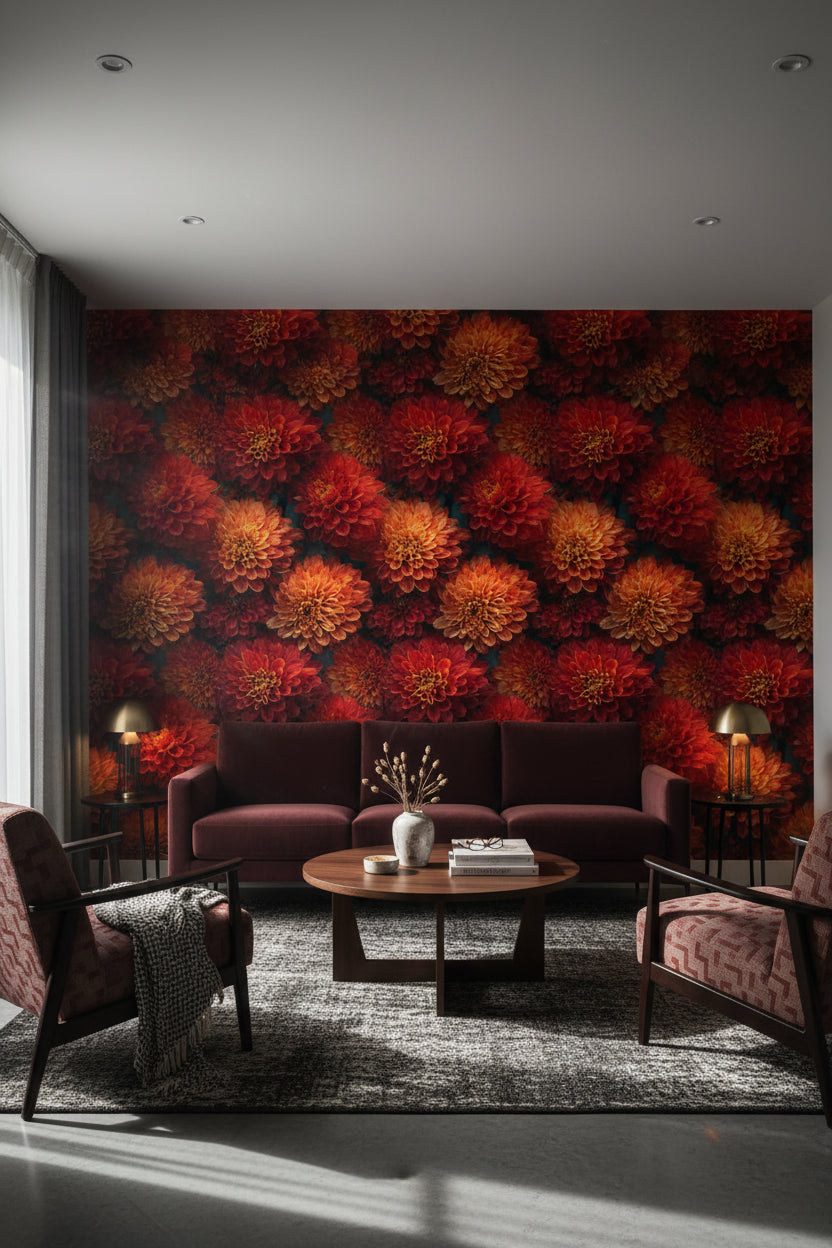 Kırmızı Krizantem Çiçekli Duvar Kağıdı Vintage Salon Deseni