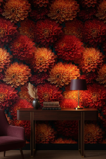 Kırmızı Krizantem Çiçekli Duvar Kağıdı Vintage Salon Deseni