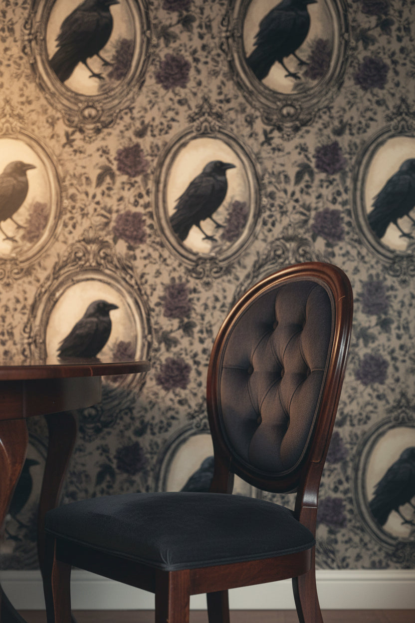 Çerçeveli Kargalı Duvar Kağıdı Vintage Çiçek Desenli Salon