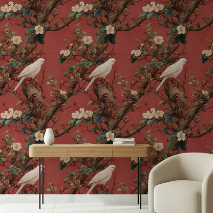 Kuşlu Çiçekli Duvar Kağıdı Bordo Vintage Klasik Desen
