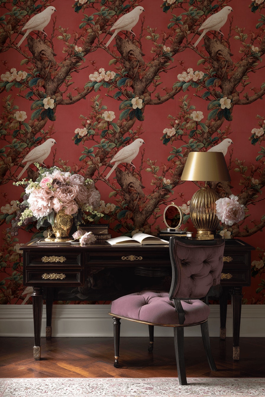 Kuşlu Çiçekli Duvar Kağıdı Bordo Vintage Klasik Desen