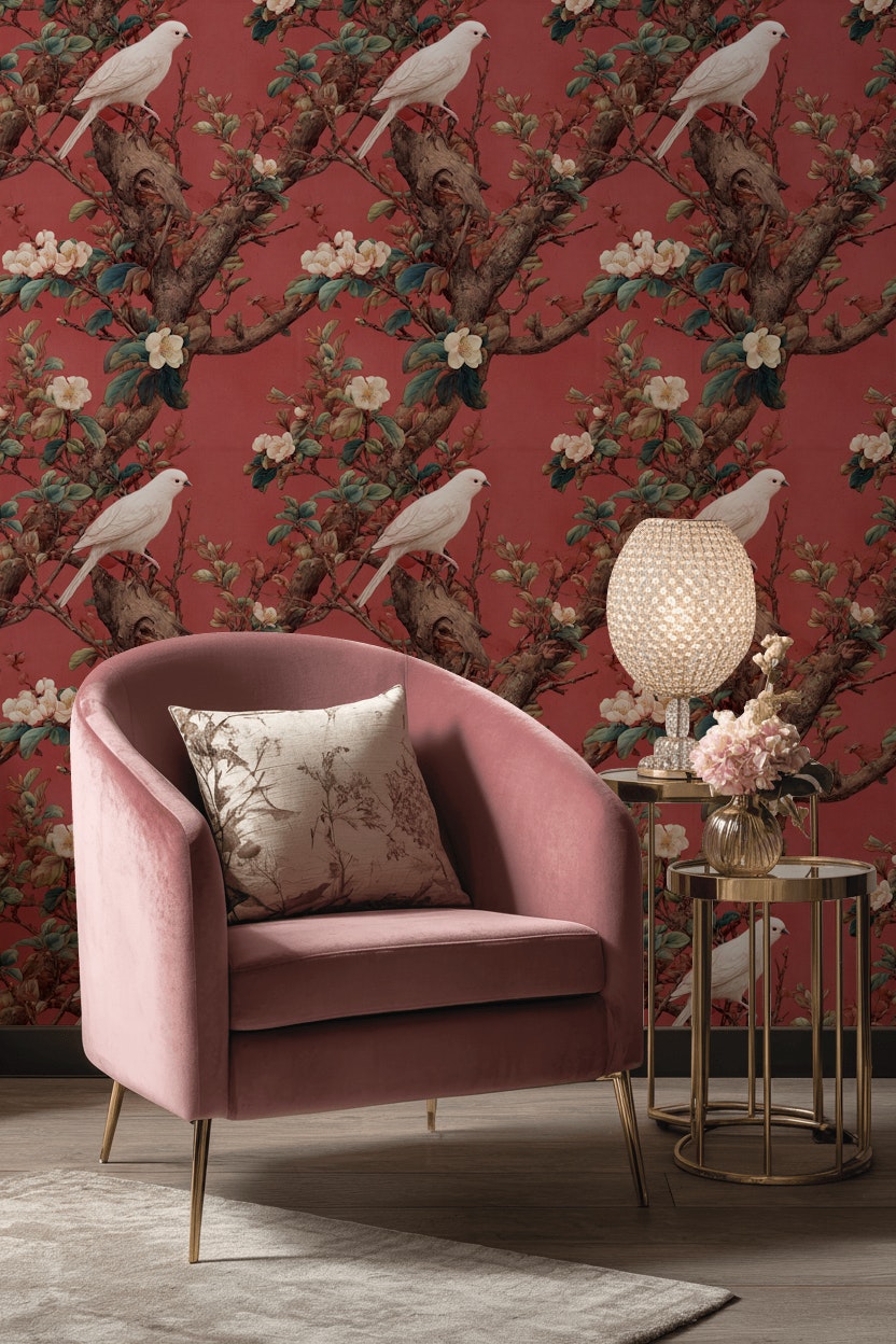 Kuşlu Çiçekli Duvar Kağıdı Bordo Vintage Klasik Desen