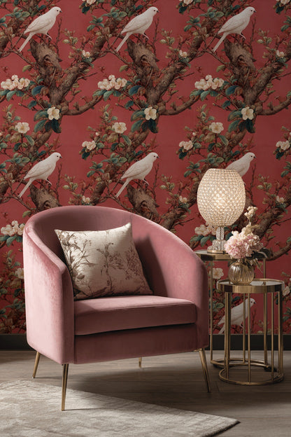 Kuşlu Çiçekli Duvar Kağıdı Bordo Vintage Klasik Desen