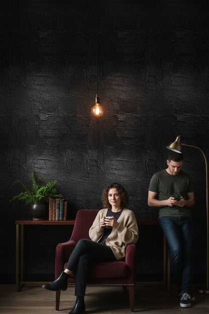Koyu Desenli Beton Duvar Kağıdı Endüstriyel Siyah Salon