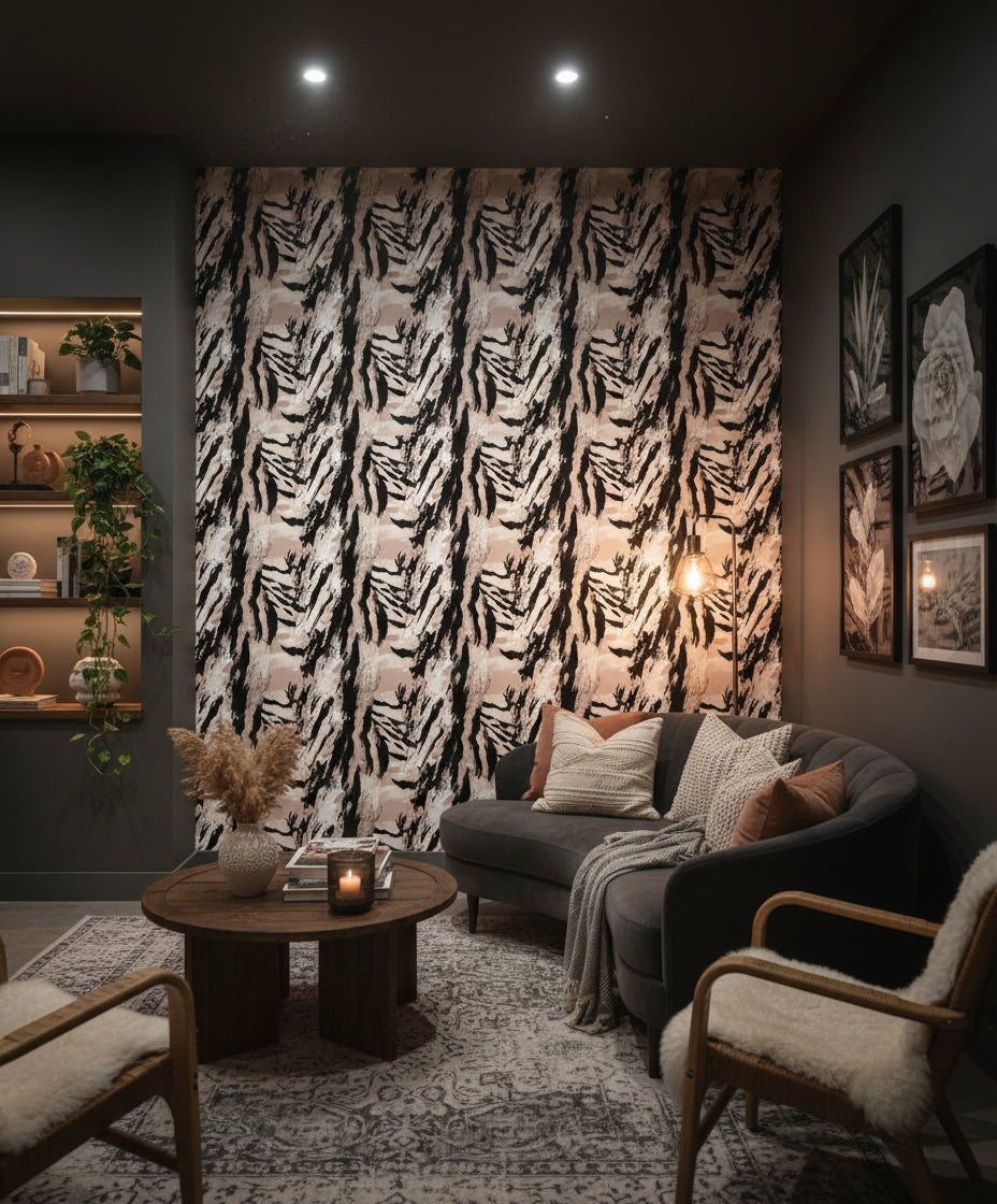 Soyut Fırça Darbeli Duvar Kağıdı Siyah Bej Modern Salon