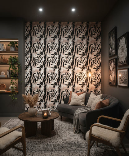 Soyut Fırça Darbeli Duvar Kağıdı Siyah Bej Modern Salon
