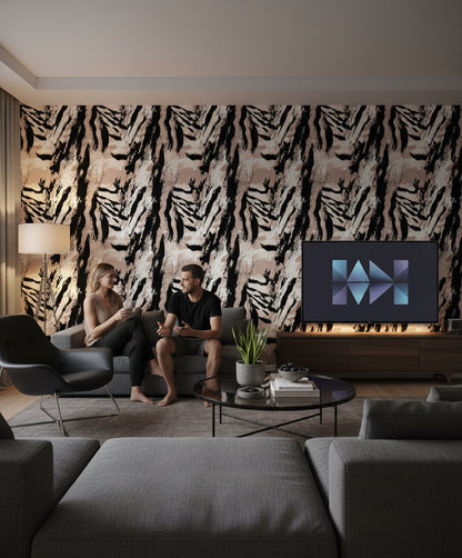 Soyut Fırça Darbeli Duvar Kağıdı Siyah Bej Modern Salon