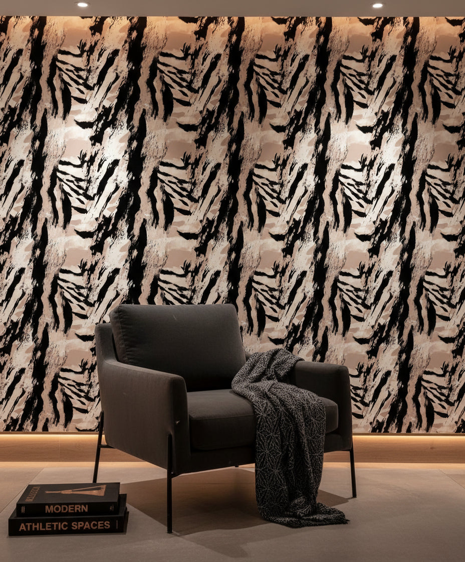 Soyut Fırça Darbeli Duvar Kağıdı Siyah Bej Modern Salon