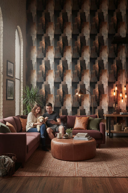 Soyut Geometrik Duvar Kağıdı Siyah Kahverengi Modern Salon