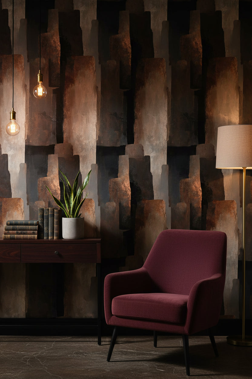 Soyut Geometrik Duvar Kağıdı Siyah Kahverengi Modern Salon