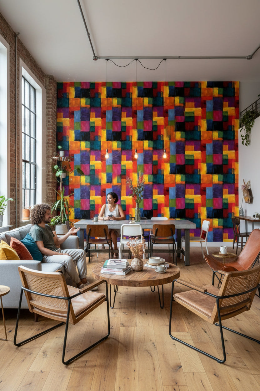 Renkli Geometrik Soyut Duvar Kağıdı Modern Salon Duvarı