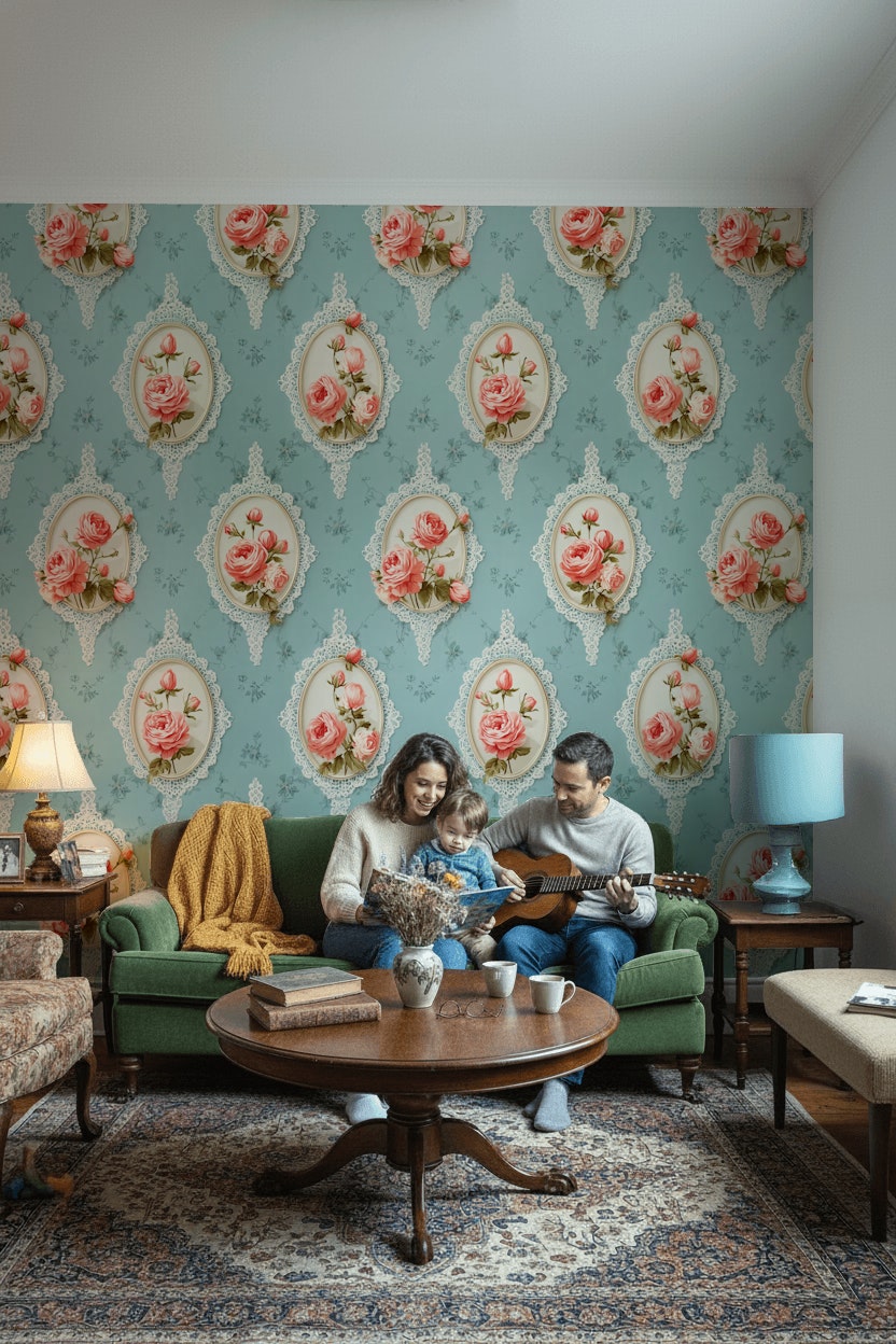 Dantel Çerçeveli Gül Desenli Duvar Kağıdı Mavi Vintage Salon