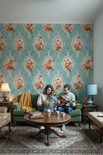 Dantel Çerçeveli Gül Desenli Duvar Kağıdı Mavi Vintage Salon