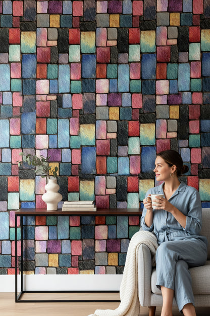 Renkli Mozaik Taş Görünümlü Duvar Kağıdı Modern Salon