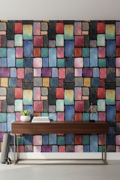 Renkli Mozaik Taş Görünümlü Duvar Kağıdı Modern Salon