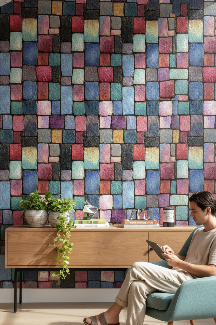 Renkli Mozaik Taş Görünümlü Duvar Kağıdı Modern Salon