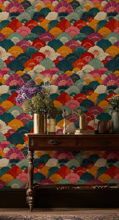 Art Deco Yelpaze Desenli Duvar Kağıdı Renkli Retro Salon