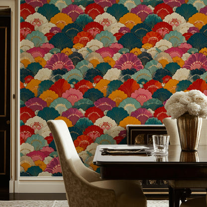Art Deco Yelpaze Desenli Duvar Kağıdı Renkli Retro Salon