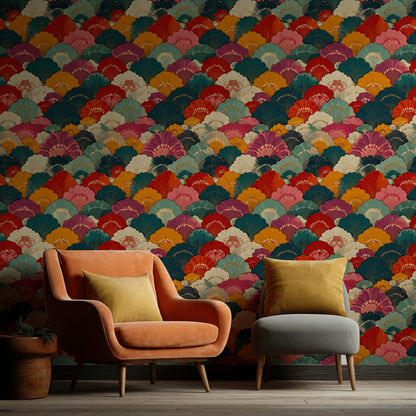 Art Deco Yelpaze Desenli Duvar Kağıdı Renkli Retro Salon