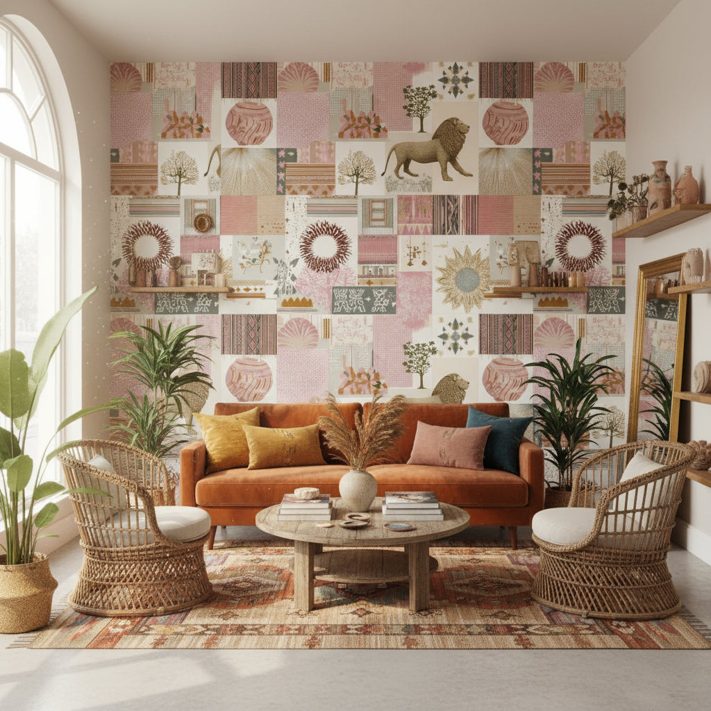 Aslanlı Patchwork Duvar Kağıdı Bej Pudra Salon Duvar Dekoru