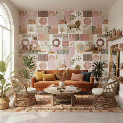 Aslanlı Patchwork Duvar Kağıdı Bej Pudra Salon Duvar Dekoru