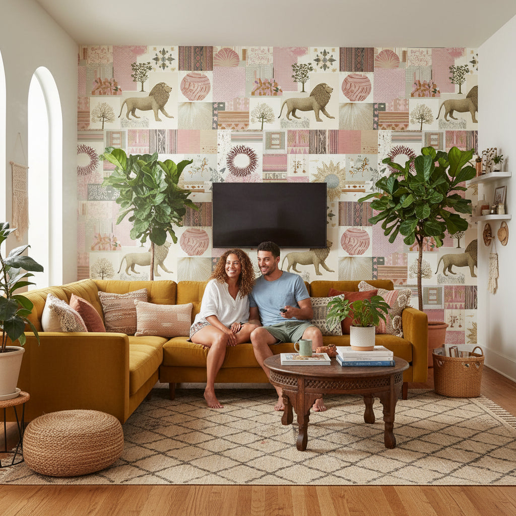 Aslanlı Patchwork Duvar Kağıdı Bej Pudra Salon Duvar Dekoru