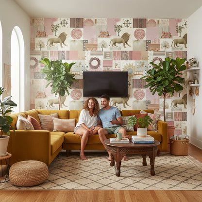 Aslanlı Patchwork Duvar Kağıdı Bej Pudra Salon Duvar Dekoru