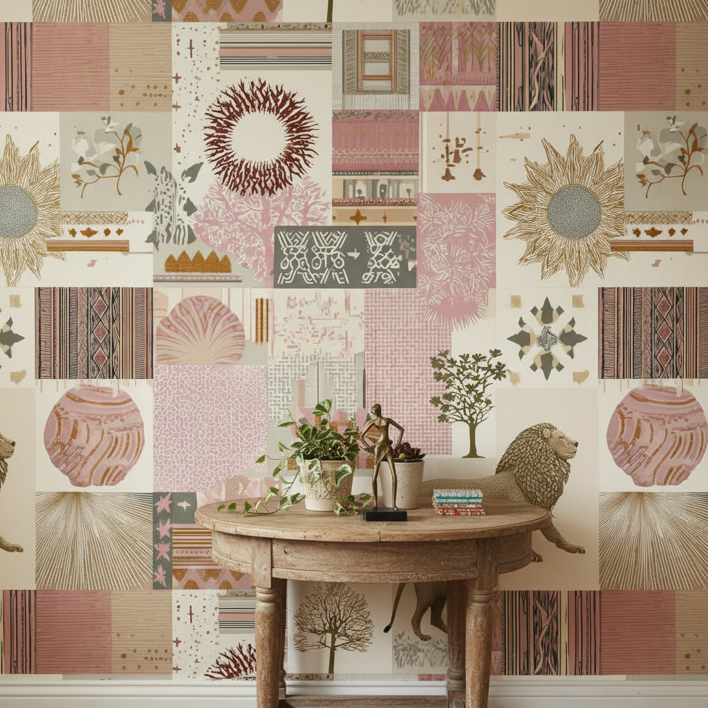 Aslanlı Patchwork Duvar Kağıdı Bej Pudra Salon Duvar Dekoru