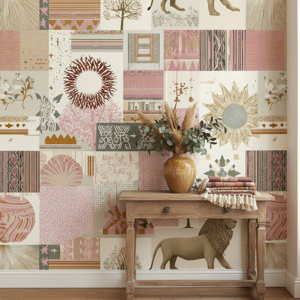 Aslanlı Patchwork Duvar Kağıdı Bej Pudra Salon Duvar Dekoru
