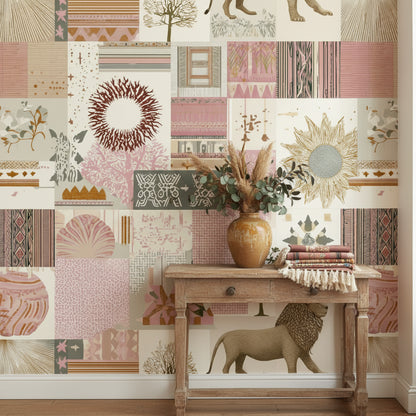 Aslanlı Patchwork Duvar Kağıdı Bej Pudra Salon Duvar Dekoru