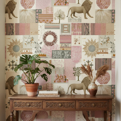 Aslanlı Patchwork Duvar Kağıdı Bej Pudra Salon Duvar Dekoru