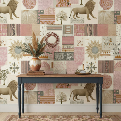 Aslanlı Patchwork Duvar Kağıdı Bej Pudra Salon Duvar Dekoru
