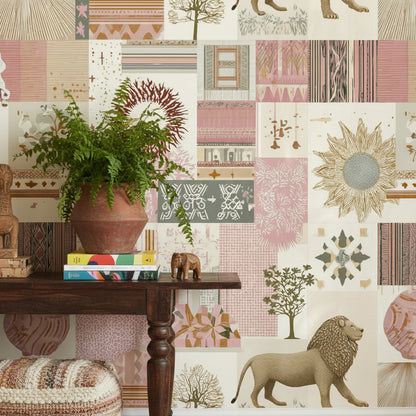 Aslanlı Patchwork Duvar Kağıdı Bej Pudra Salon Duvar Dekoru
