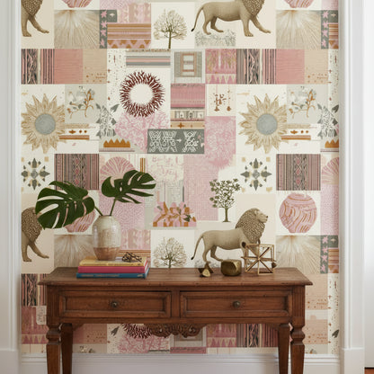 Aslanlı Patchwork Duvar Kağıdı Bej Pudra Salon Duvar Dekoru