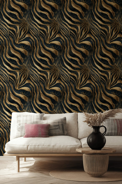 Zebra Desenli Duvar Kağıdı Lacivert Altın Art Deco