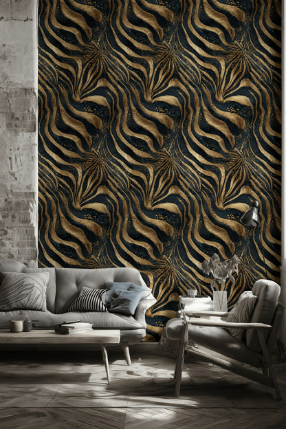 Zebra Desenli Duvar Kağıdı Lacivert Altın Art Deco