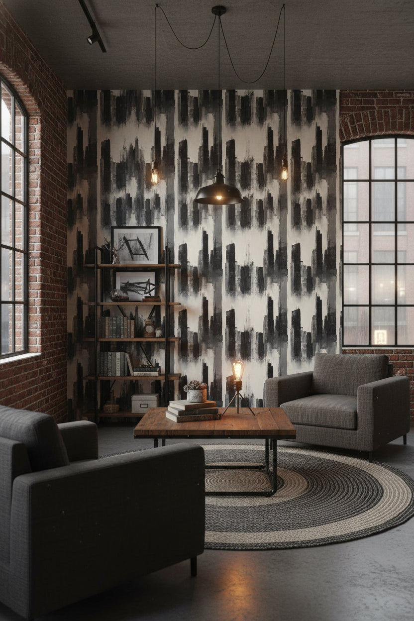 Soyut Şehir Silueti Duvar Kağıdı Gri Siyah Modern Salon