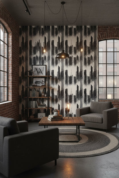 Soyut Şehir Silueti Duvar Kağıdı Gri Siyah Modern Salon