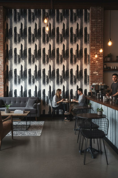 Soyut Şehir Silueti Duvar Kağıdı Gri Siyah Modern Salon