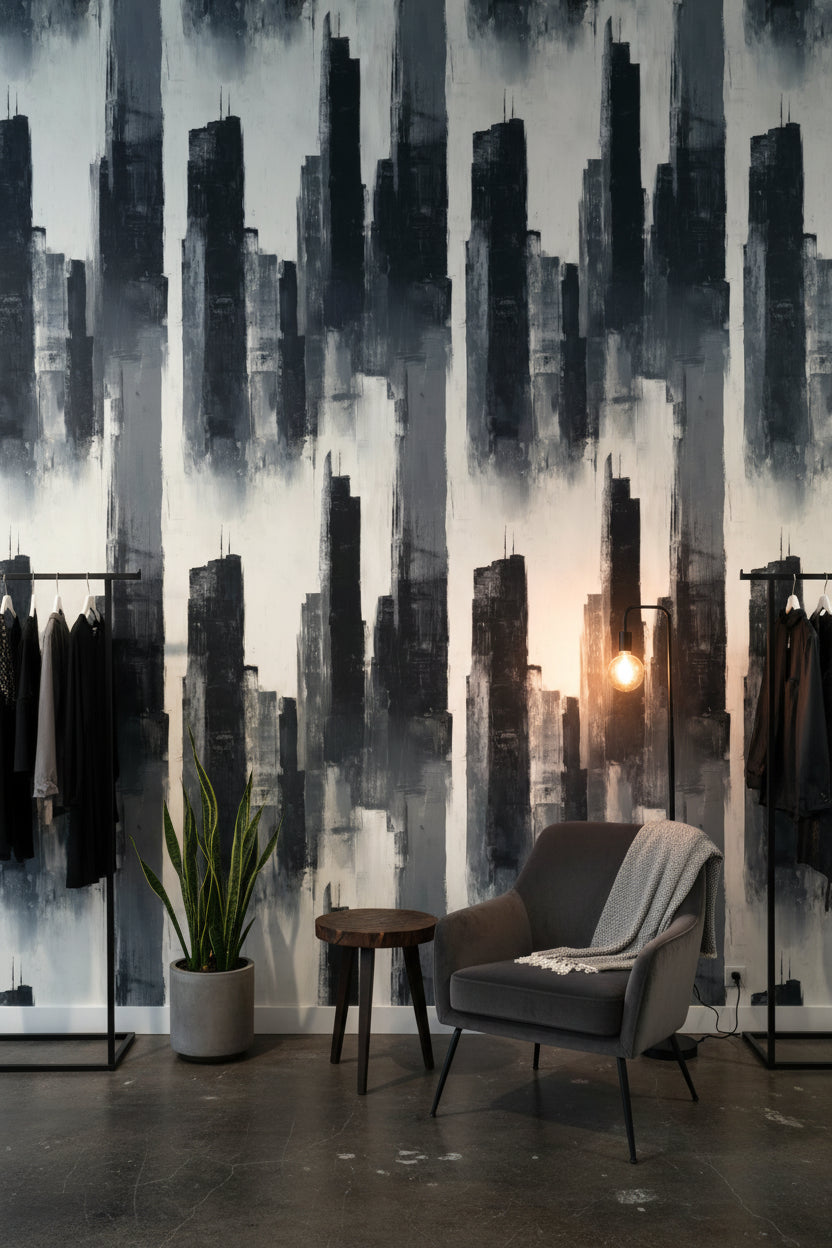 Soyut Şehir Silueti Duvar Kağıdı Gri Siyah Modern Salon