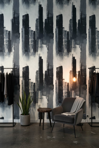 Soyut Şehir Silueti Duvar Kağıdı Gri Siyah Modern Salon