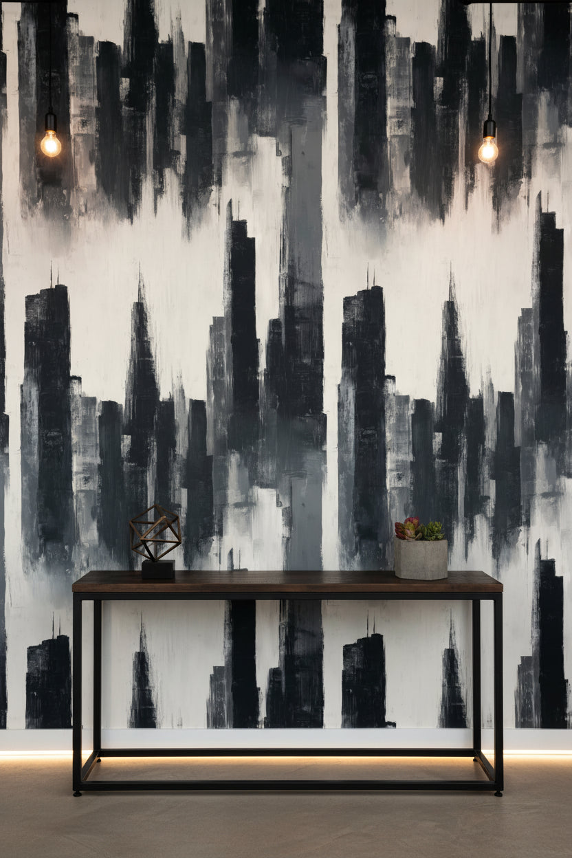 Soyut Şehir Silueti Duvar Kağıdı Gri Siyah Modern Salon