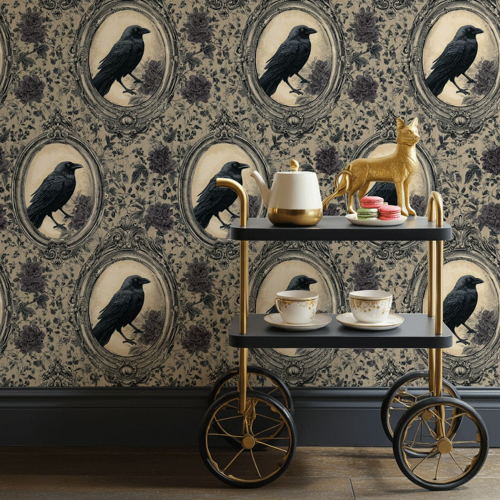 Çerçeveli Kargalı Duvar Kağıdı Vintage Çiçek Desenli Salon